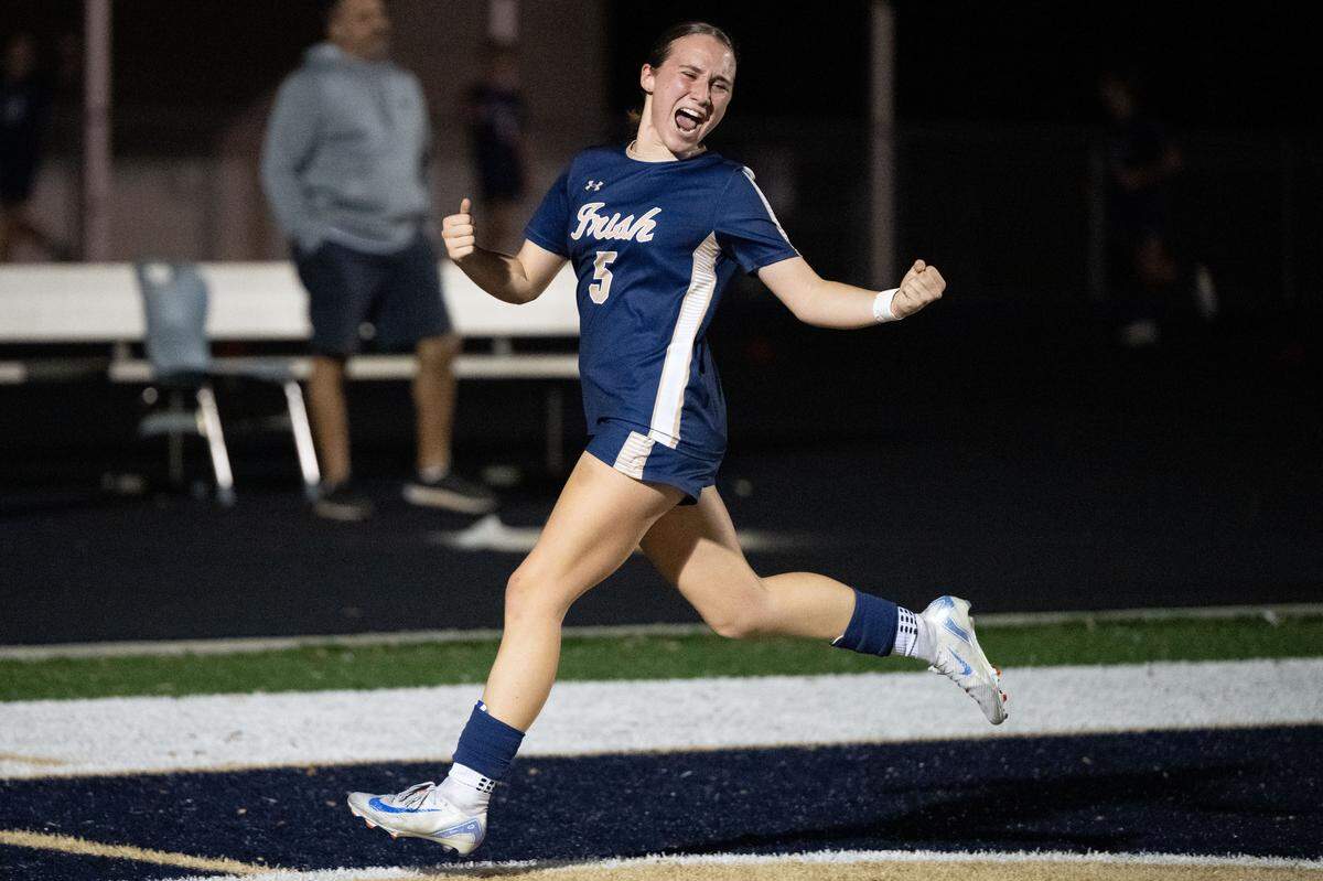 St. Patrick’s Gianna Encrapera celebrates after assisting on a goal in  Tuesday’s win at St. Patrick Catholic High School.