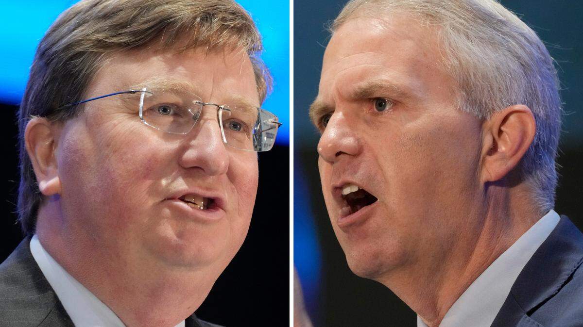 This combination of photos shows Mississippi Republican Gov. Tate Reeves, left, and Democratic challenger Brandon Presley speaking at the Mississippi Economic Council’s Hobnob event on Oct. 26, 2023, in Jackson, Miss. The two faced off Tuesday in the general election. (AP Photo/Rogelio V. Solis)