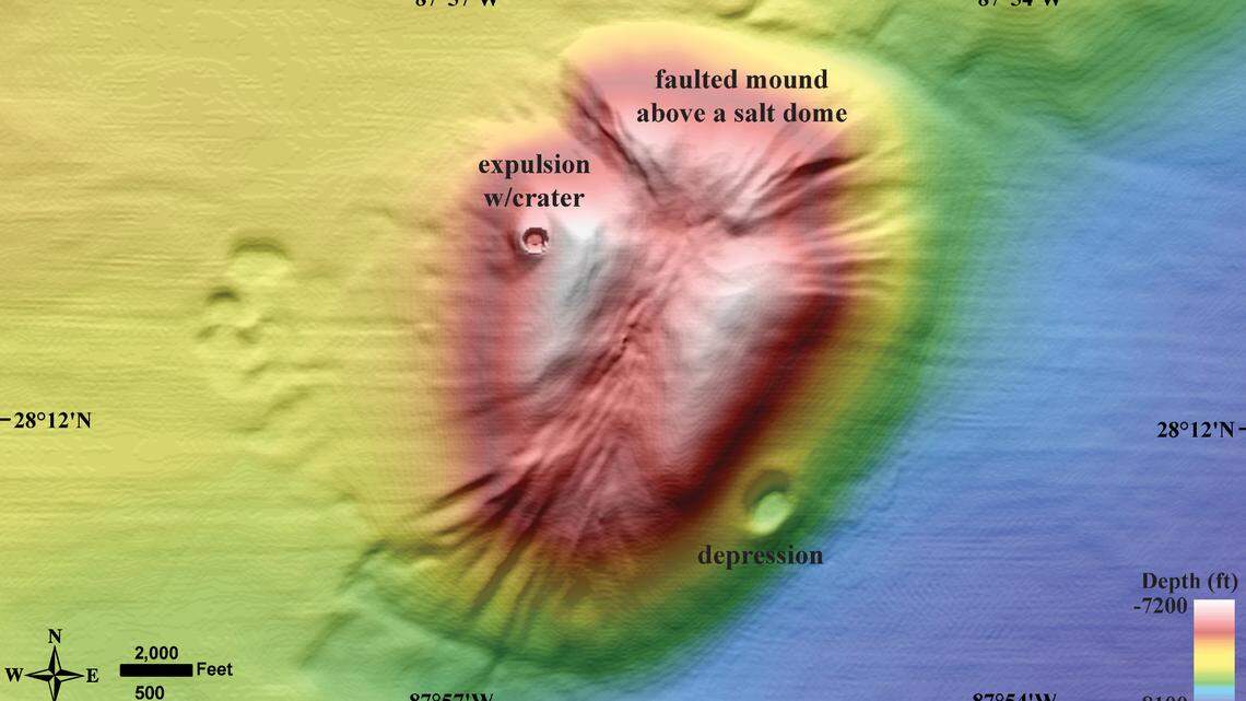 This seafloor mound found during the mapping was created “from the interplay of basin subsidence and vertical migration of salt,” experts say. The movement created a network of extensional faults dividing the mound into three wedges.