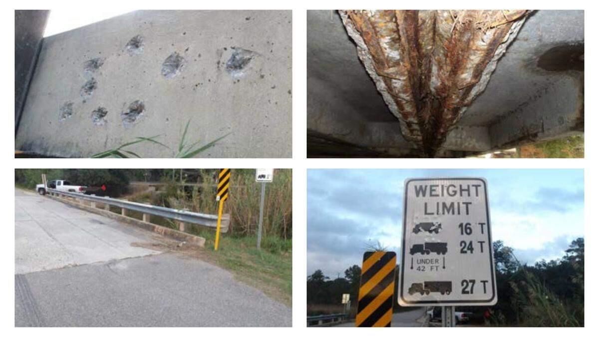 A bridge inspection in October 2024 of the North Railroad Avenue bridge in Hancock County shows exposed rebar and possible gunshot damage. The report lists the bridge as being in serious condition.