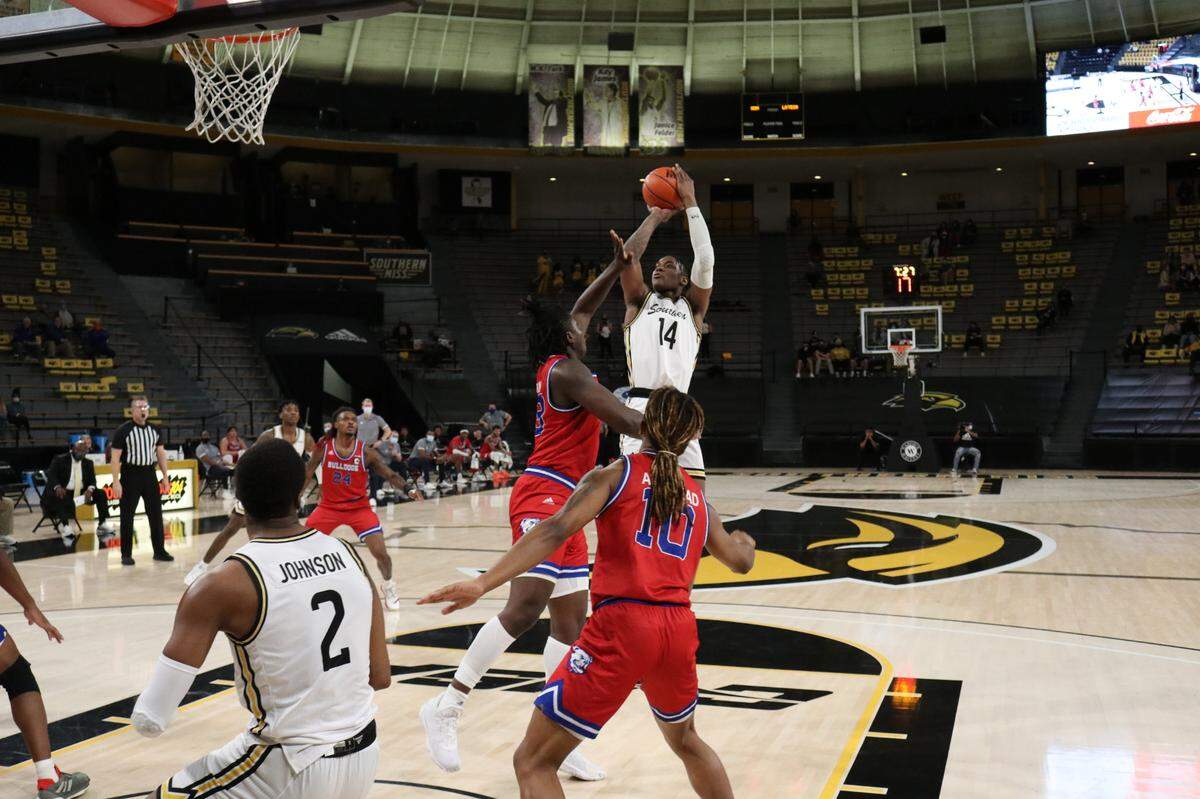 Southern Miss forward Tyler Stevenson (14) goes up for a shot against Louisiana Tech on Thursday, Jan. 28, 2021, at Reed Green Coliseum in Hattiesburg.
