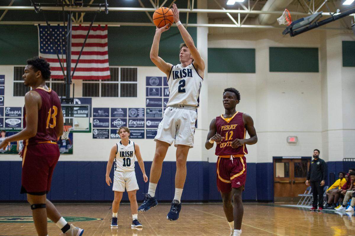 St. Patrick guard Nick Krass (#2) shoots a jump shot during a game against Perry Central at St. Patrick Catholic High School on Thursday, Jan. 13, 2022.