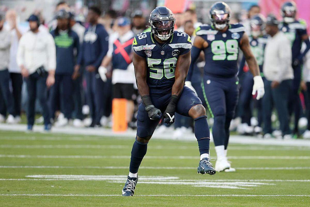 SANTA CLARA, CALIFORNIA - FEBRUARY 08: Derick Hall #58 of the Seattle Seahawks reacts after a sack during the first quarter of Super Bowl LX at Levi's Stadium on February 08, 2026 in Santa Clara, California.  (Photo by Chris Graythen/Getty Images)