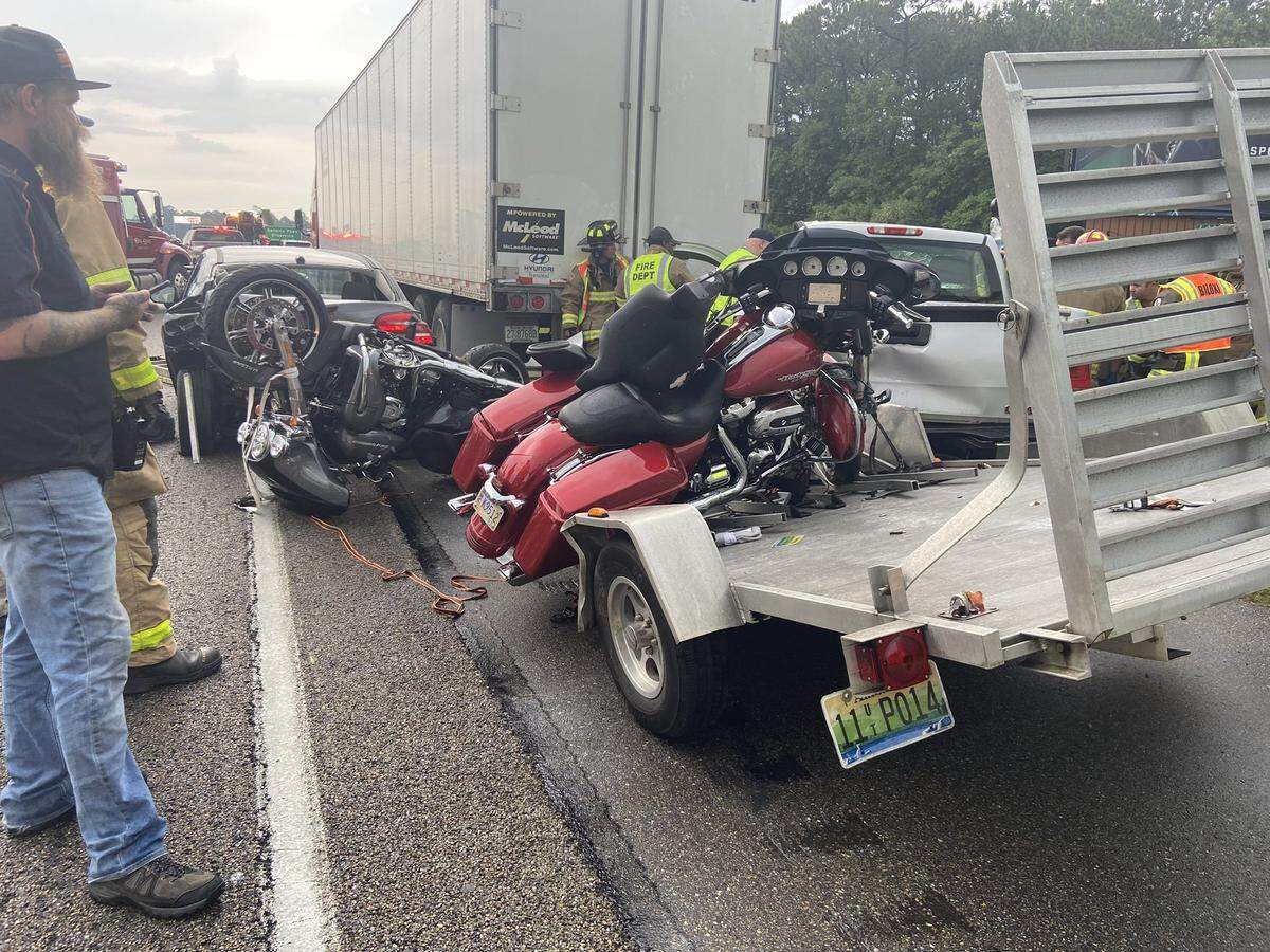 Mississippi Highway Patrol and the D’Iberville Police Department responded to an accident on I-10 involving a semi truck and four passenger vehicles, one of which was hauling motorcycles on Thursday, June 9, 2022.