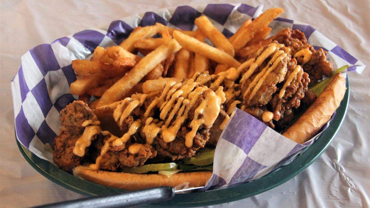 The fried oyster po-boy at Tasty Tails Seafood House in Biloxi.
