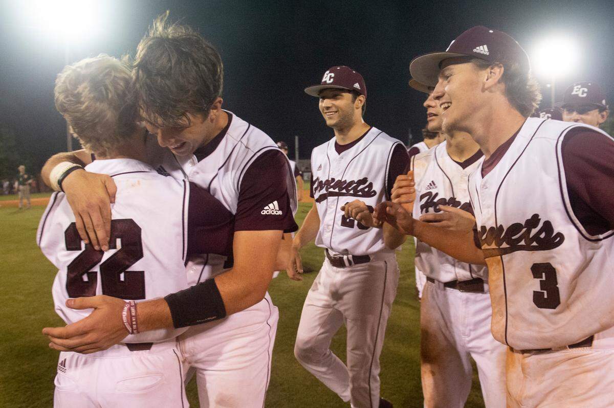 The East Central baseball team celebrates after beating West Jones in the 5A South State championship game at East Central High School in Hurley on Tuesday, May 23, 2023.