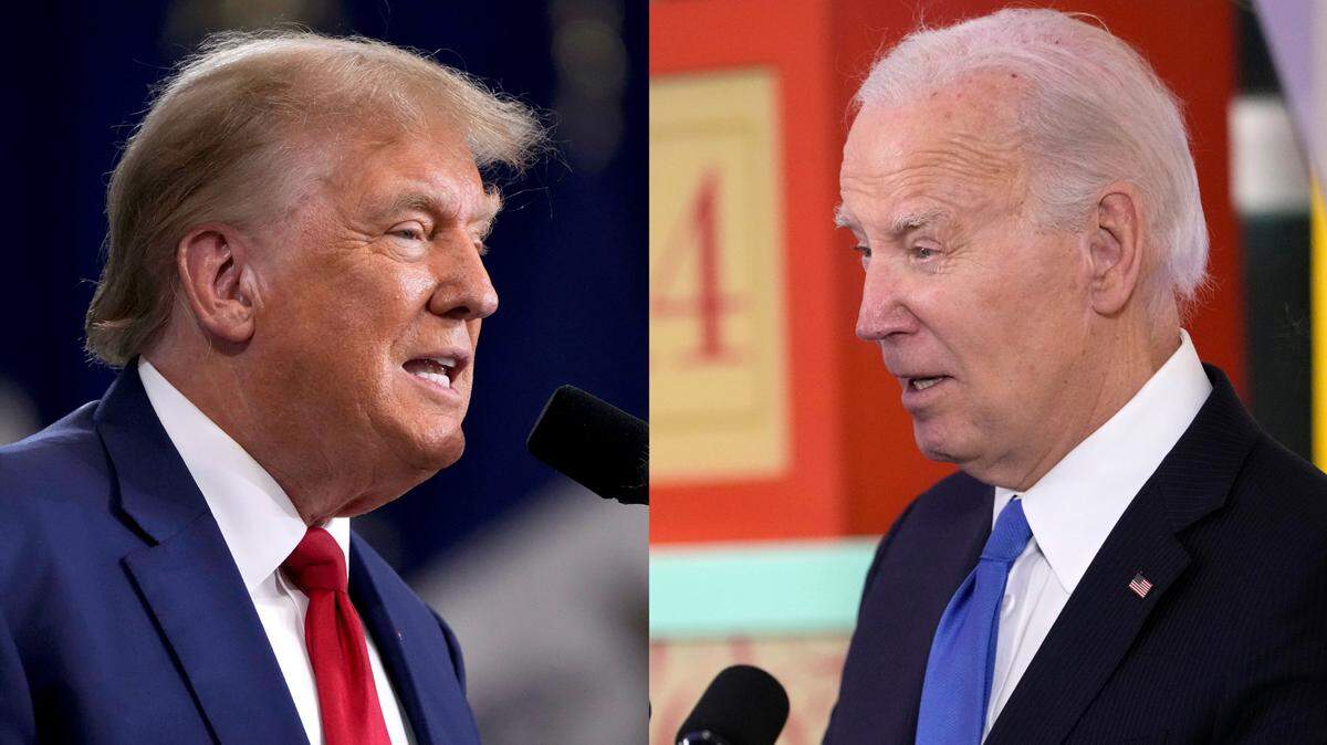 This combination photo shows Republican former President Donald Trump during a Nov. 18, 2023 rally in Fort Dodge, Iowa and President Joe Biden during a Hanukkah reception at the White House on Dec. 11, 2023.