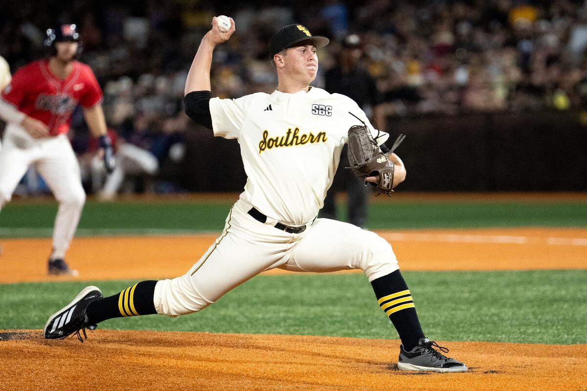 Southern Miss right-handed pitcher Camden Clark (20) pitches the ball during a baseball game at Pete Taylor Park in Hattiesburg on Tuesday, March 10, 2026.