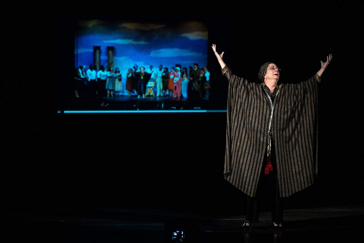 Terese Evans reenacts a recording of an opera song during a grand opening celebration at the Saenger Theatre in Biloxi on Saturday, June 6, 2026.