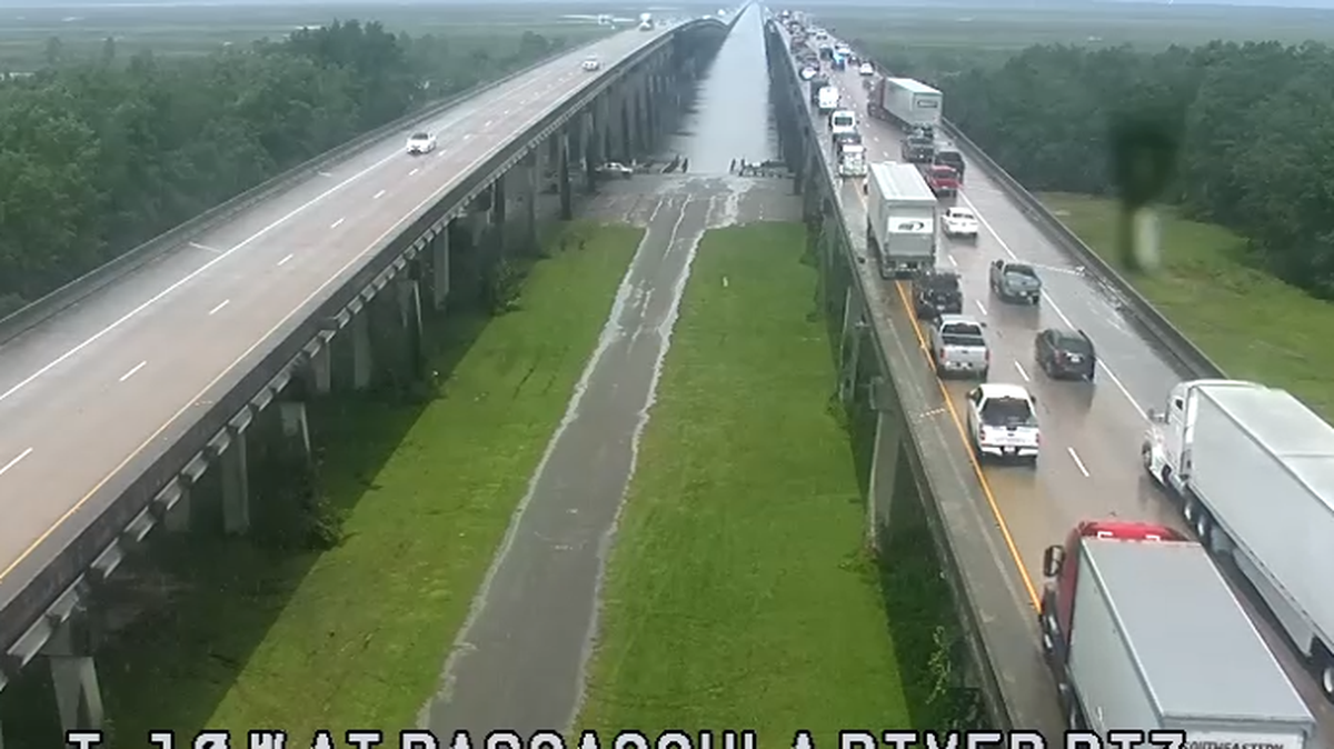 Traffic on Pascagoula River Bridge after a crash occurred before Gautier EX 61 and all westbound lanes are blocked, tweeted MDOT.