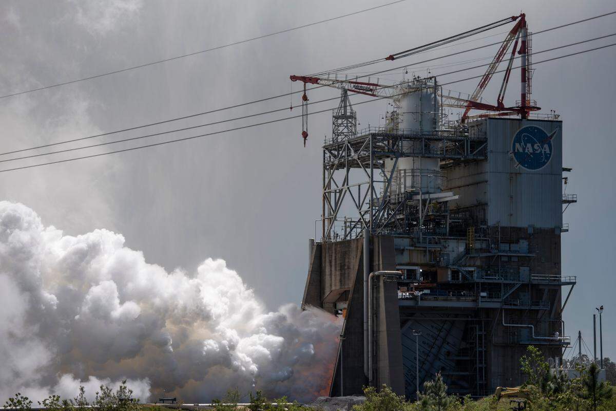 Steam erupts from the base of the A-1 Test Stand, also called the Fred Haise Test Stand, at Stennis Space Center in Bay St. Louis on Wednesday, April 3, 2024, as NASA tests one of the RS-25 engines destined for the Artemis missions.