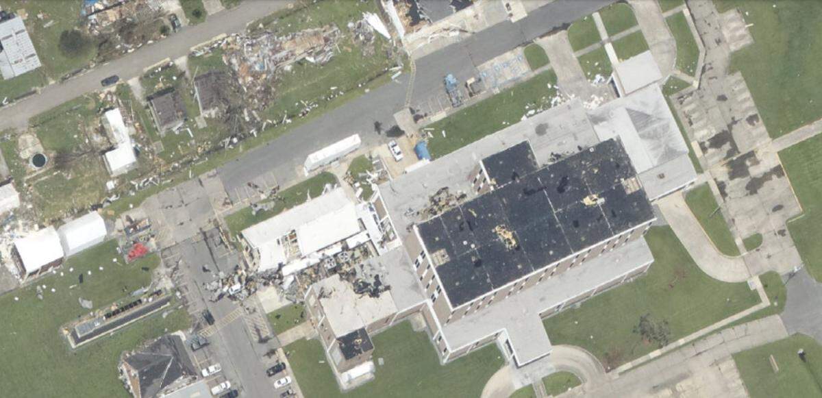 Part of the roof bleu of Lady of the Sea Hospital at Galliard, La. during Hurricane Ida on Aug. 29, 2001. The hospital is closed.