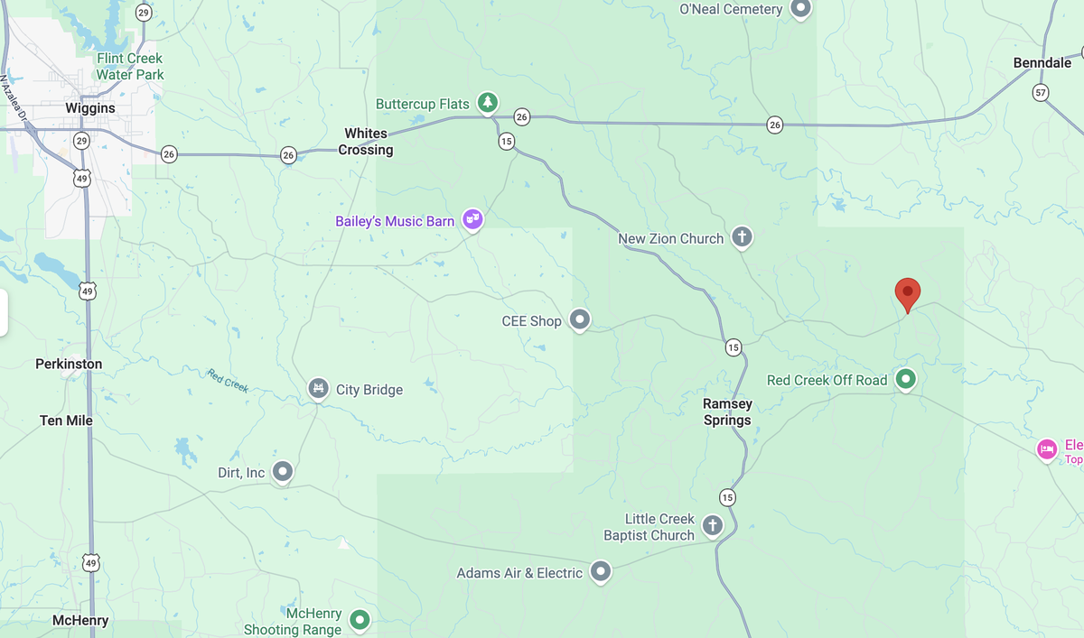 The map shows the intersection of Broome School and Jordan roads in George County, where records show 38-year-old Michael Roy Carney died from gunshot wounds.