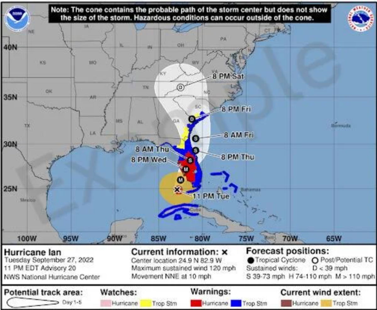 Example of the experimental tropical cyclone forecast graphic to be rolled out in mid-August during the 2024 Atlantic hurricane season. It will include color coded features showing where hurricane and tropical storm watches and warnings are, including inland areas, and the extent of winds at the time the map is issued. This example is based on the forecast track of Hurricane Ian at 11 p.m., Sept. 27, 2022, as it threatened to hit the central southwestern coast of Florida.