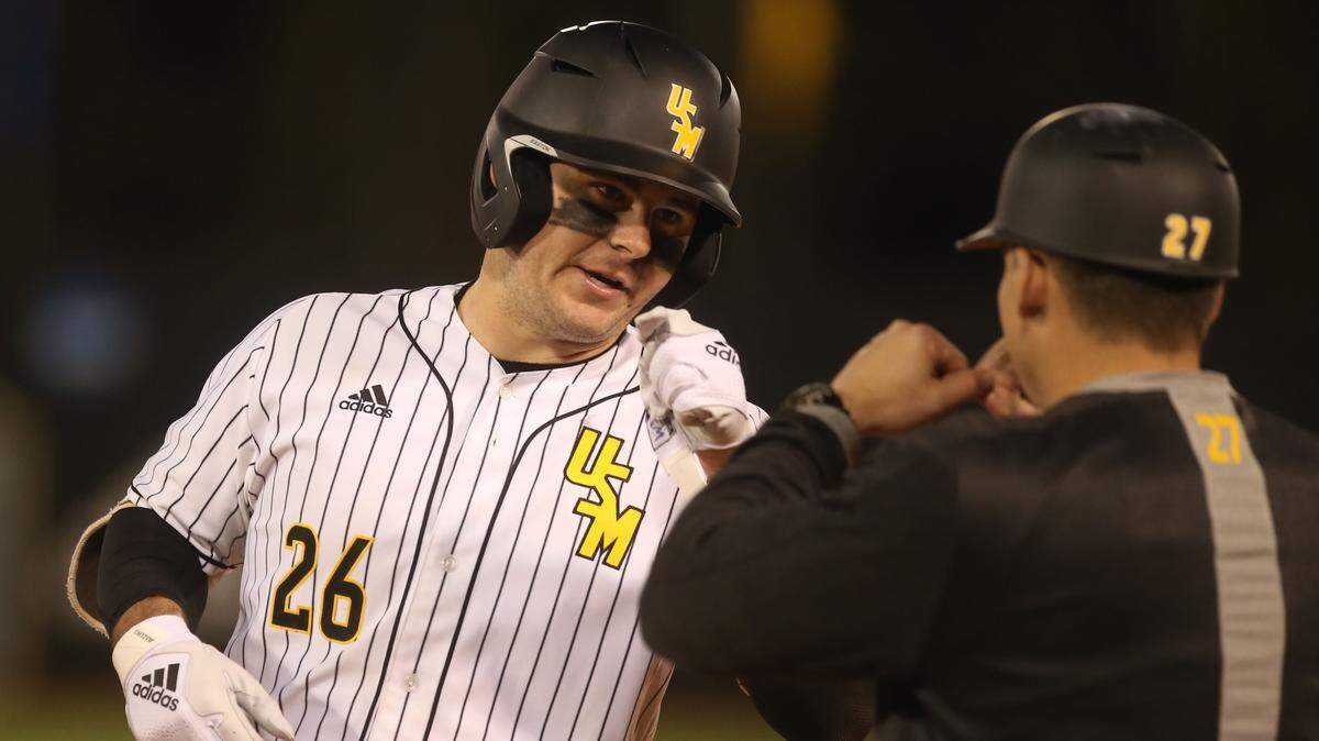 Southern Miss’ Danny Lynch celebrates a RBI single in the seventh inning against Murray State February 14, 2020.