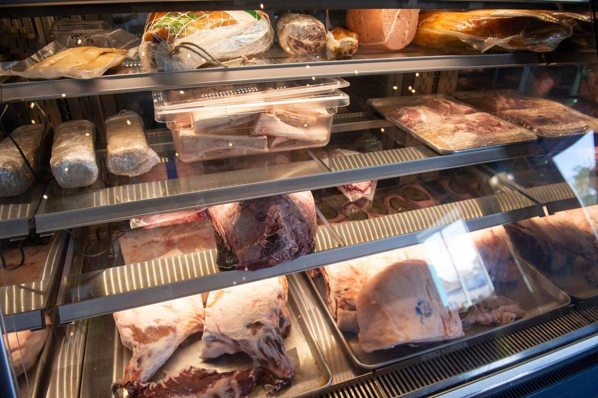 Cuts of meat are displayed in the sales case at Butcher Baker, a combination butcher shop and restaurant in Ocean Springs.