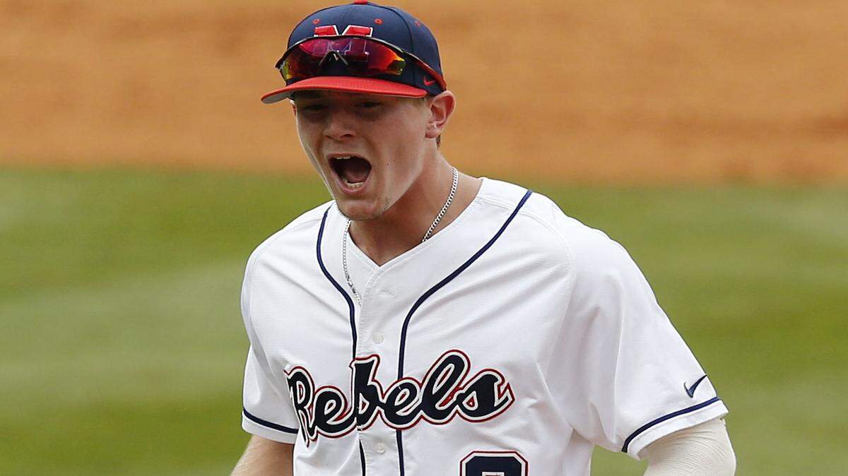 Mississippi's Will Golsan reacts to a call he doesn't agree with at first base during the third inning of a Southeastern Conference NCAA college baseball tournament game against Texas A&M at the Hoover Met, Saturday, May 28, 2016, in Hoover, Ala. (AP Photo/Brynn Anderson)