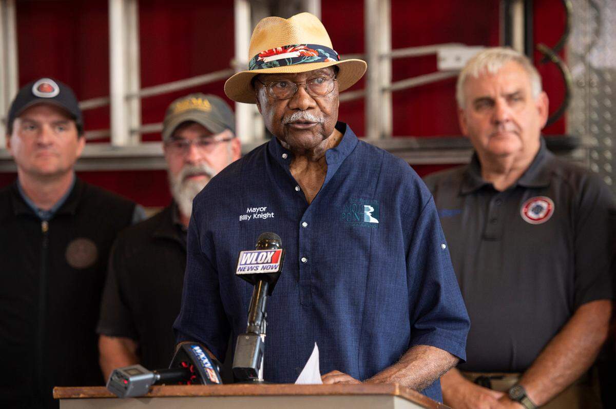 Moss Point Mayor Billy Knight speaks to the media during a news conference at the Moss Point Fire Department on Wednesday, June 21, 2023, following a destructive tornado.