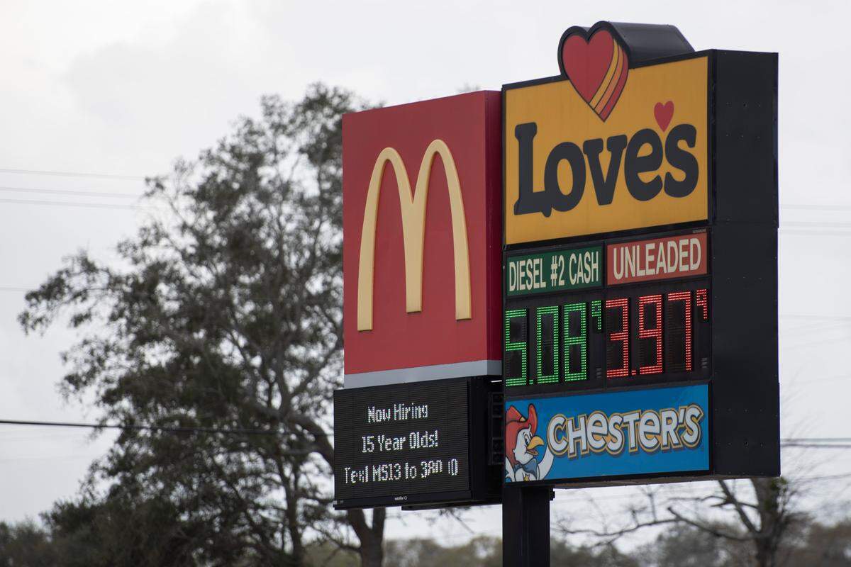 Gas prices at Love’s gas station off of Interstate 10 in Long Beach neared $4 a gallon on Monday, March 7, 2022.