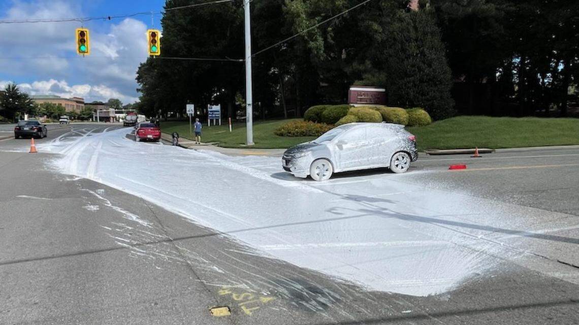 A road in Henrico County, Virginia, was shut down for hours as crews cleaned up gallons of paint spilled by an unsecured truck, police said.