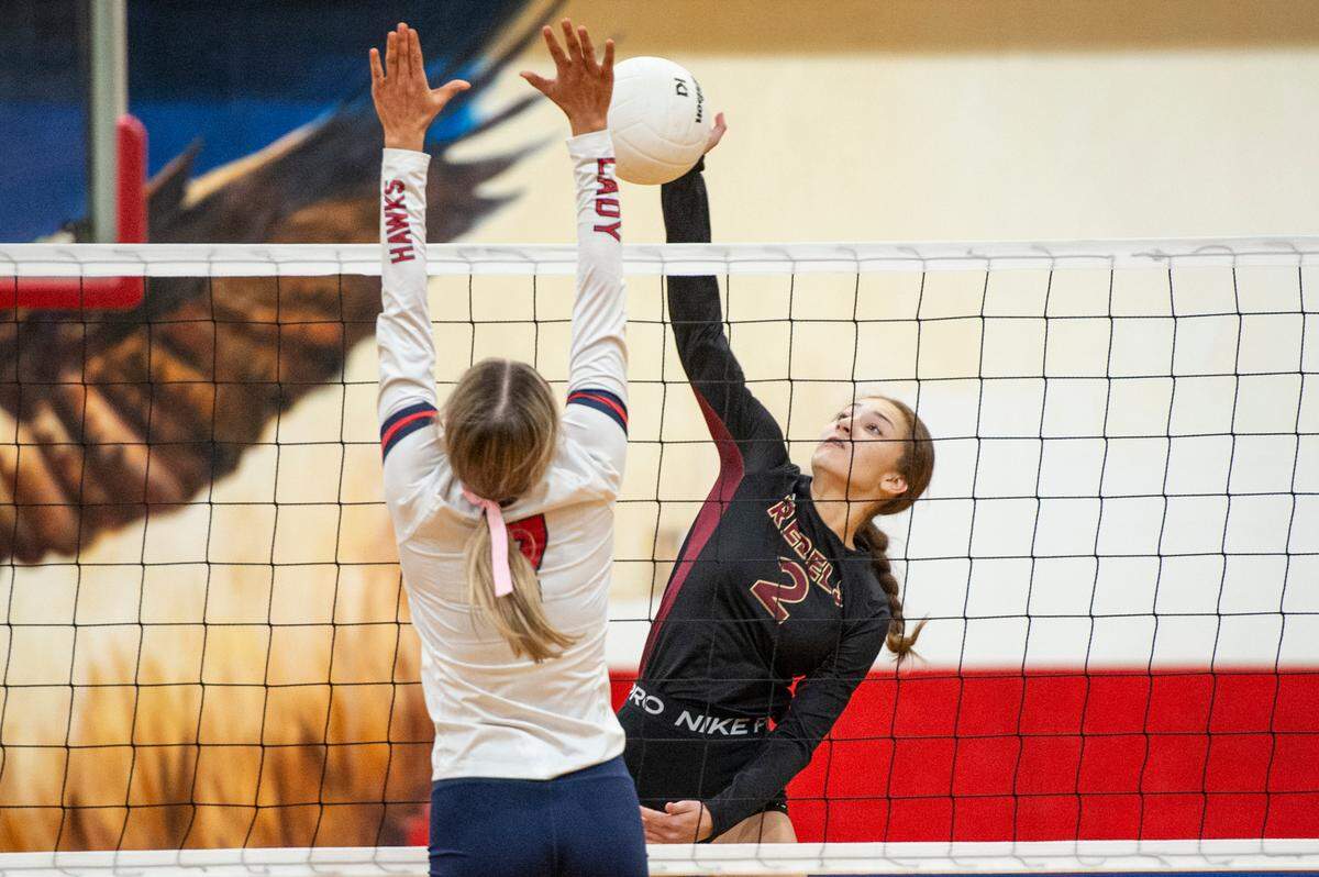 George County’s Aryana Dixon hits the ball over the net during the 6A South State Championship game at Hancock High School in Kiln on Monday, Oct. 16, 2023.