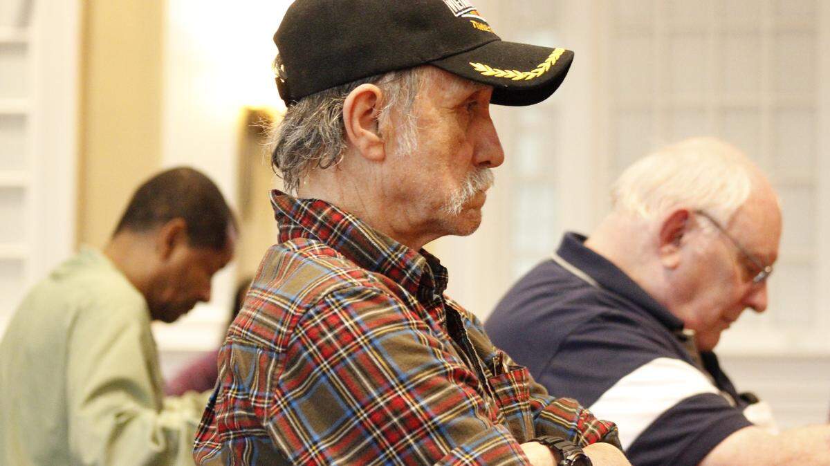 WESLEY MULLER/SUN HERALDVietnam veteran Donald Schielder listens as fellow veterans voice grievances during a town hall meeting at the Gulf Coast Veterans Health Care System in Biloxi on Tuesday.