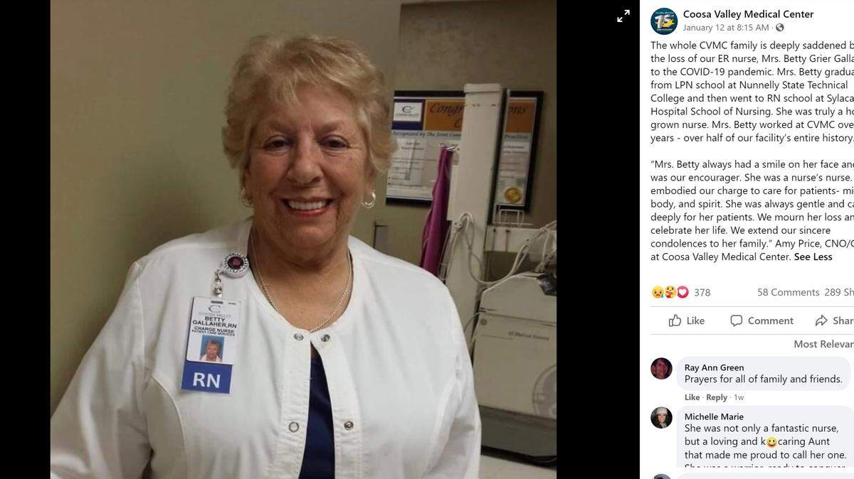 Alabama ER nurse Betty Grier Gallaher died from complications of COVID-19 after 43 years of caring for patients and staff at Coosa Valley Medical Center.