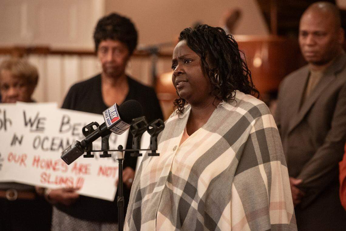 Esther Faye Payton, a plaintiff in a federal lawsuit against the city of Ocean Springs, speaks during a press conference announcing the lawsuit at Macedonia Baptist Church in Ocean Springs on Thursday, Oct. 12, 2023. The lawsuit alleges that the city took away residents property rights without due process when the city labeled their homes as “blighted” as part of urban renewal areas.