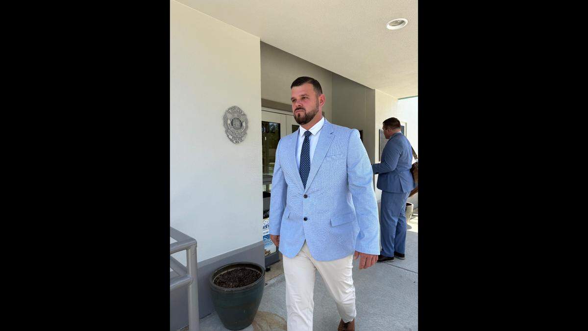 Hancock County Sheriff’s Candidate Channing Reynolds walks out of Waveland Municipal Court after his simple assault trial on Friday, April 10, 2026.