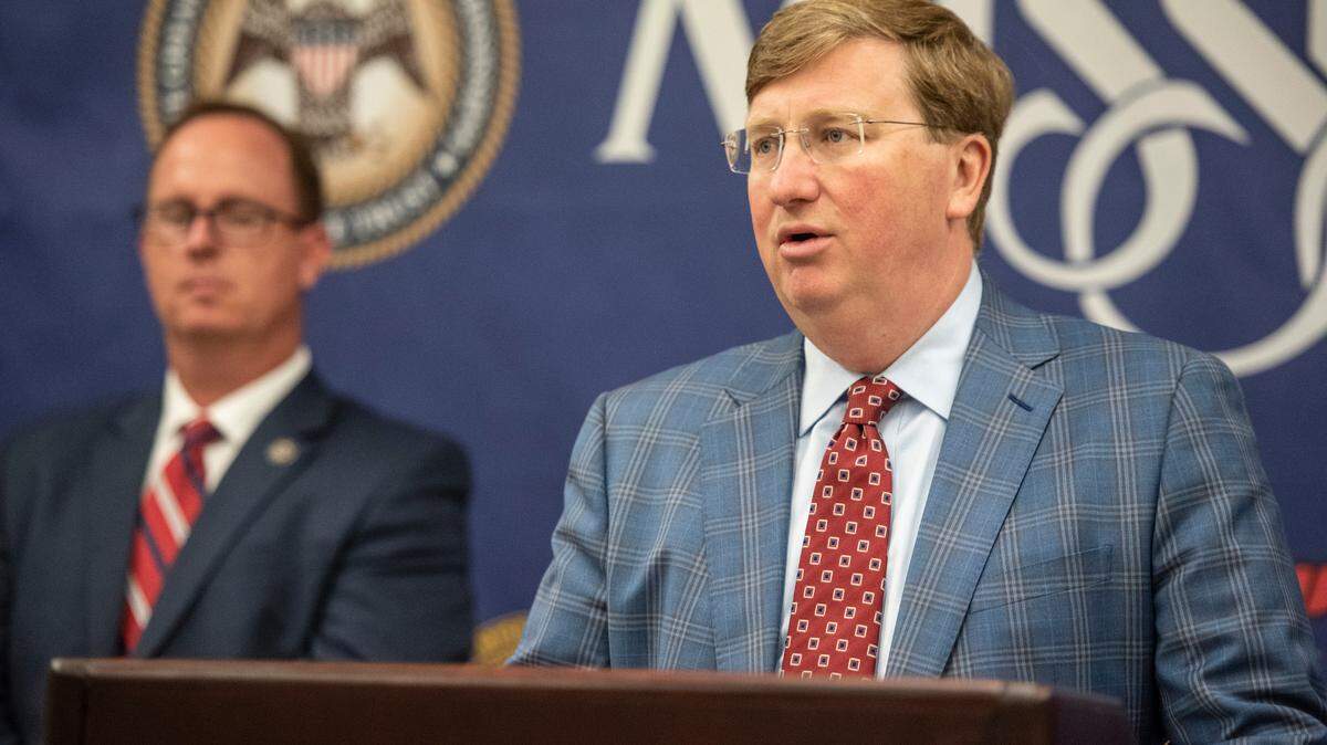 Mississippi Gov. Tate Reeves speaks to the press during a press conference on drug crime at Mississippi Bureau of Investigation offices in Biloxi on Wednesday, May 11, 2022.