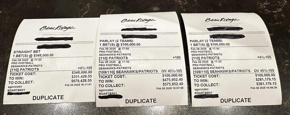 Three wagers for a combined $548,000 were wagered by a player at Beau Rivage Resort and Casino in Biloxi Sunday, just ahead of the Super Bowl game between the New England Patriots and Seattle Seahawks.