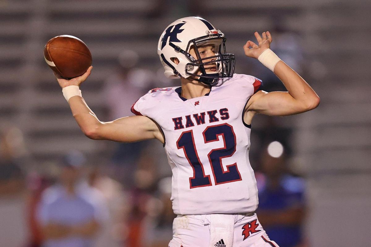 Hancock Hawks quarterback Dylan Moran (12) passes during the game between Hancock and Gulfport at Milner Stadium, Gulfport, Mississippi, October 8, 2021.