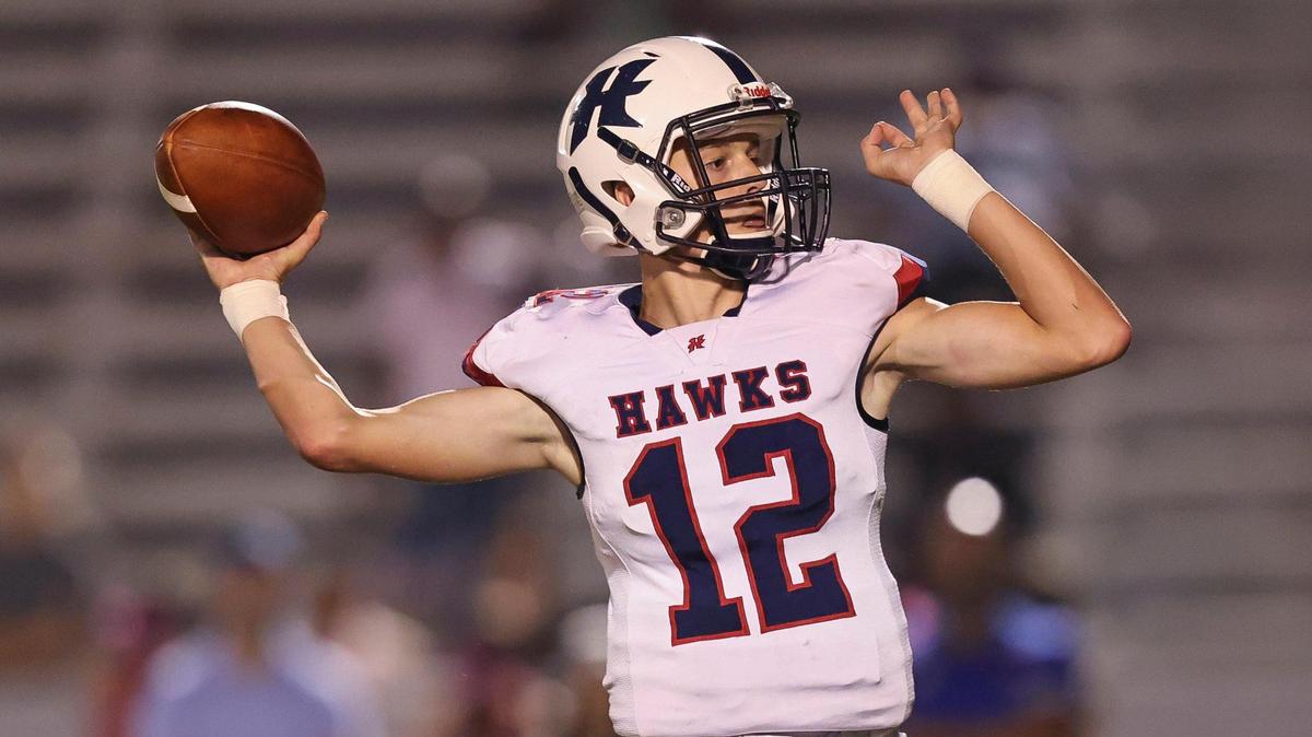 Hancock Hawks quarterback Dylan Moran (12) passes during the game between Hancock and Gulfport at Milner Stadium, Gulfport, Mississippi, October 8, 2021.