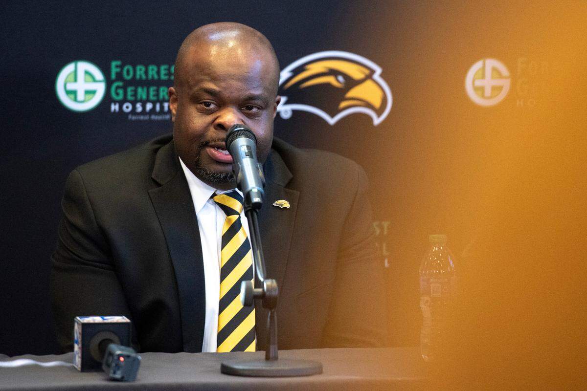 Southern Miss’ new head football coach Charles Huff during his first press conference at The Rock in Hattiesburg on Thursday, Dec. 12, 2024.