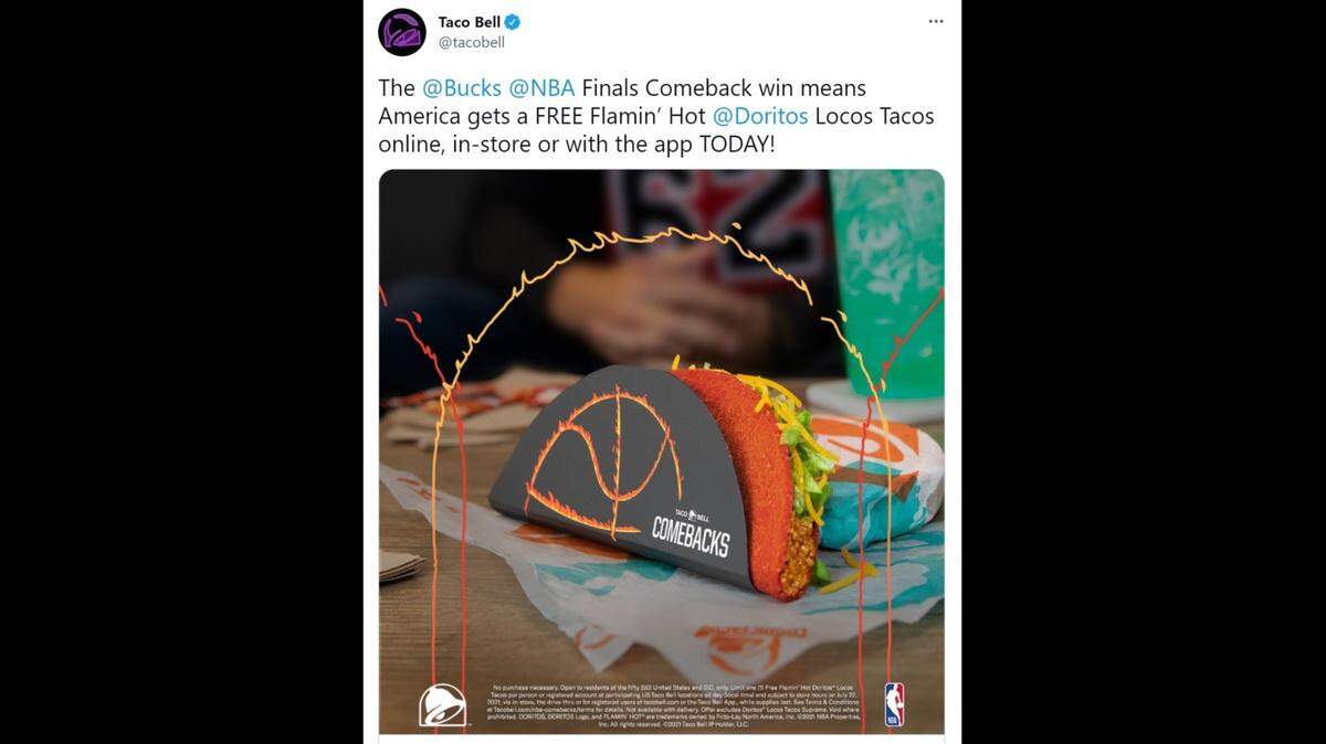 Taco Bell is treating customers to one free Flamin’ Hot Doritos Locos taco to celebrate the Milwaukee Bucks’ comeback win over the Phoenix Suns in Gme 6 of the NBA Finals.