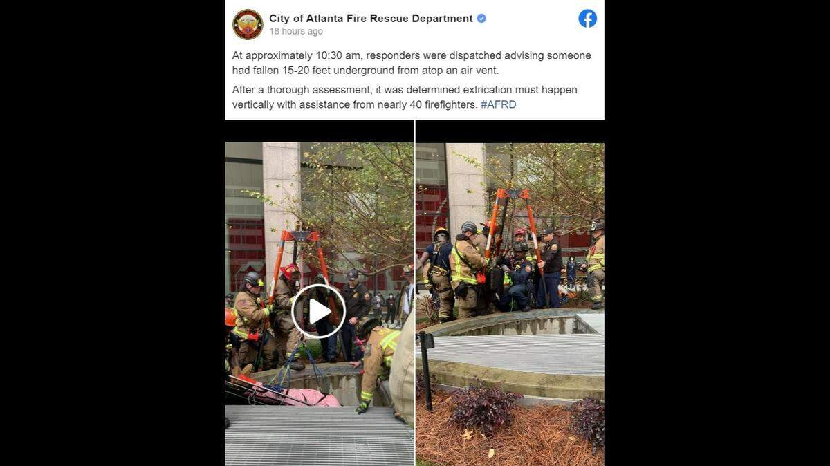A construction worker had to be rescued Dec. 21 after falling nearly 20 feet down an air vent at Coca-Cola headquarters in Atlanta.
