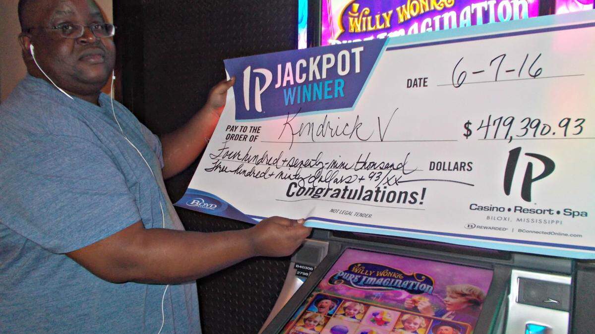 PHOTO COURTESY OF IP CASINO BILOXI 
 Kendrick V. of Atlanta won a jackpot of $479,390.93 Tuesday at IP Casino Resort Biloxi while playing Willy Wonka, his favorite slot machine.