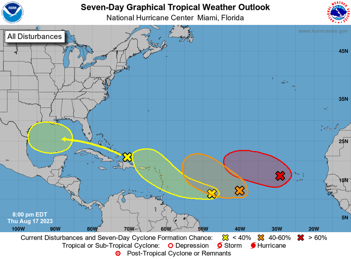 The National Hurricane Center in Miami is tracking four disturbances in the Atlantic on August 17, 2023.