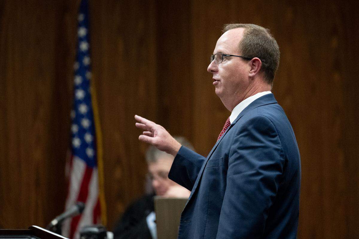 District Attorney Crosby Parker speaks during a testimony hearing at Harrison County Circuit Court on Tuesday.
