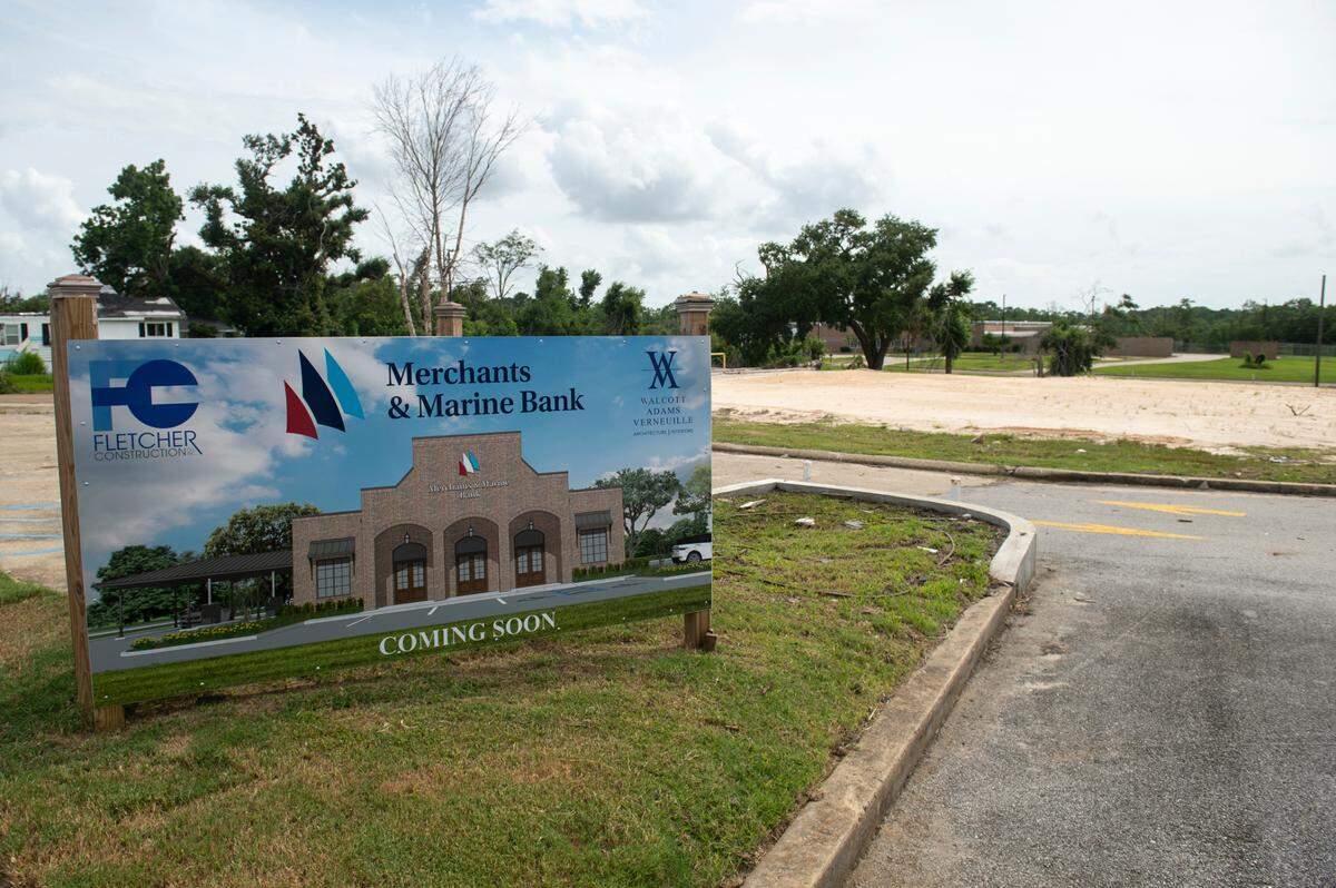 The site of what was Merchants and Marine Bank in Moss Point on Tuesday, June 18, 2024. The bank was heavily damaged in a tornado that struck the city on June 19, 2023, and eventually torn down, but ground has been broken on a new bank building.