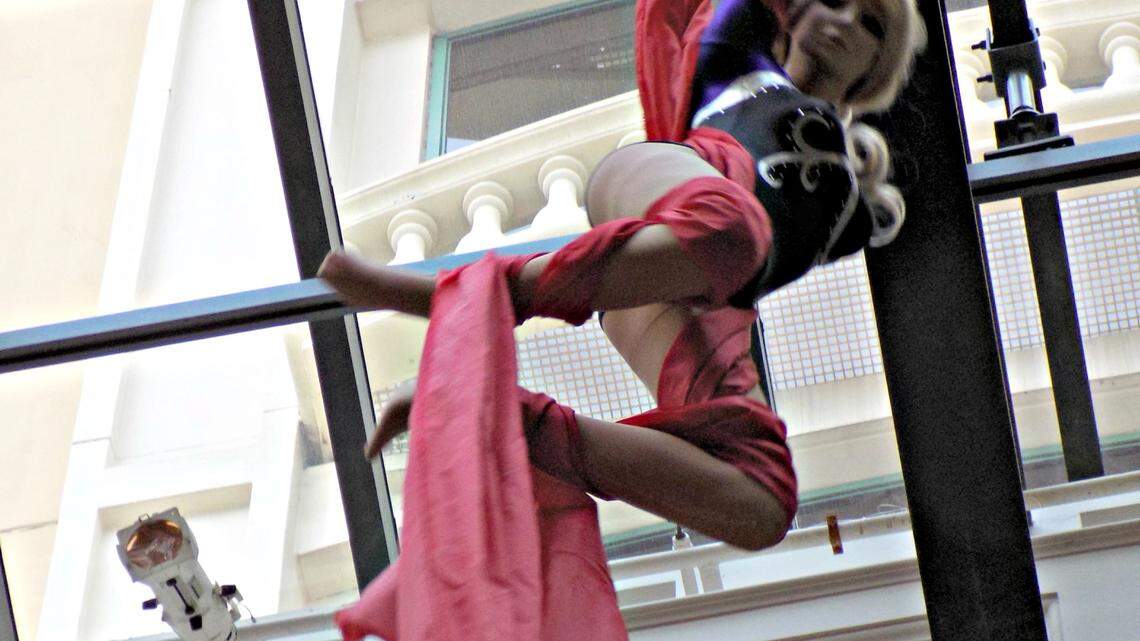 MARY PEREZ/SUN HERALDAt first look people wonder if the spinning women hanging by silk high in the atrium at the Beau Rivage Resort and Casino are real. The display is a promotion for this summer's cirque-style show, BraVeau.