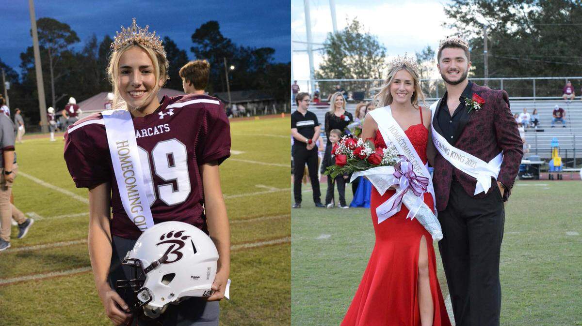 Ashton Rupert wearing her homecoming crown and her Long Beach High School football uniform, left, and being crowned homecoming queen with King West Bourland. Both of them play on the Bearcats football team.