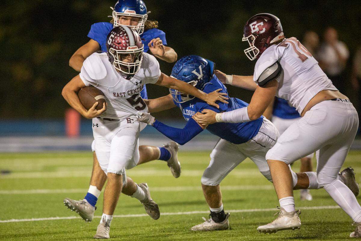East Central’s Grey Bradley gets tackled during a game between Vancleave and East Central at Vancleave Football Stadium in Vancleave on Thursday, Nov. 3, 2022.