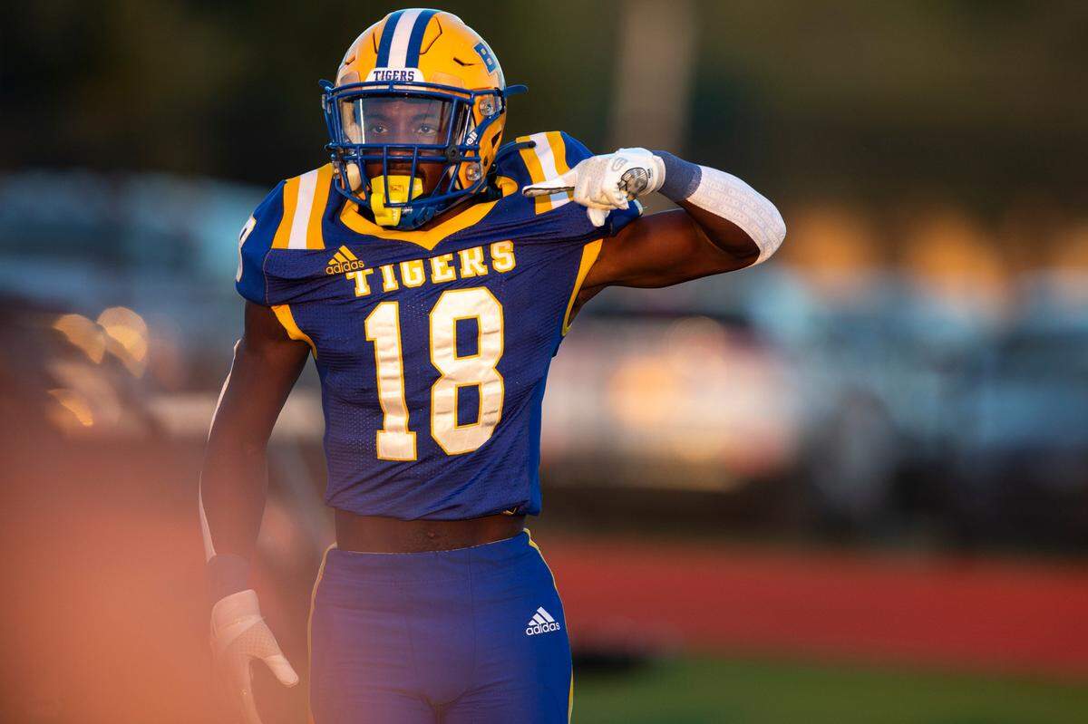 Bay High’s Benny Williams reacts after scoring a touchdown during a game against St. Stanislaus at Bay High in Bay St. Louis on Friday, Sept. 1, 2023.