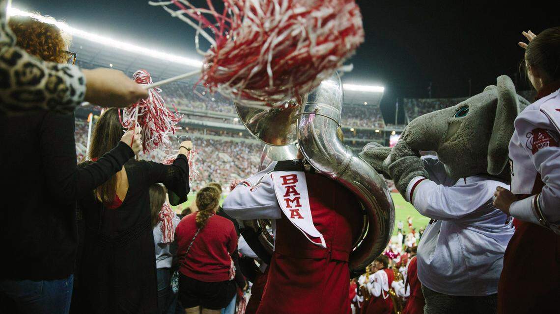 A musician with the marching band during a University of Alabama football game at Bryant-Denny Stadium in Tuscaloosa, Ala., Oct. 10, 2015. Alabama has steadfastly resisted legalizing gambling, such as on sports, for generations, with the clout of evangelical Christians helping make sure of it, but that resistance is now openly fraying.