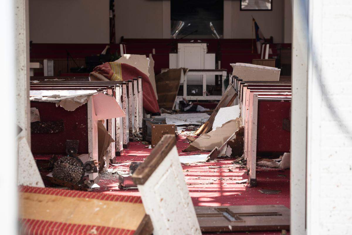 Destruction inside First Baptist Missionary Church in Moss Point on Tuesday, June 20, 2023, after a tornado tore the roof off the building on Monday.