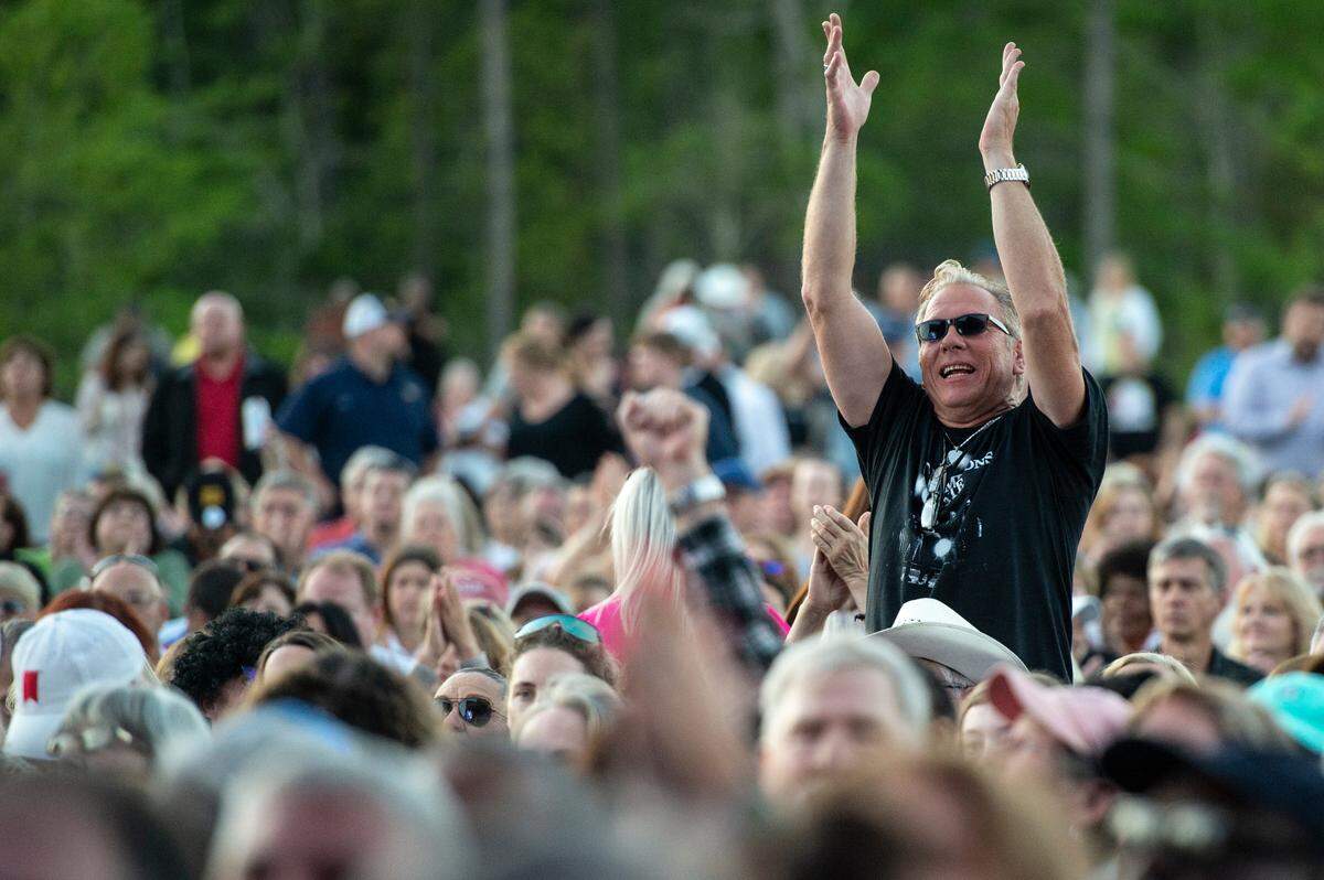 Fans cheer as KC and The Sunshine Band performs at the inaugural show at The Sound Amphitheater in Gautier on Friday, April 12, 2024.