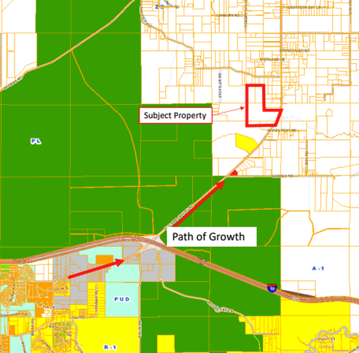 A map included in Gulf Coast Development & Design’s rezoning request shows the “subject property” under consideration for rezoning in Vancleave. The proposed subdivision would convert 109 acres of rural land into residential lots, following what developers call the “path of growth.”