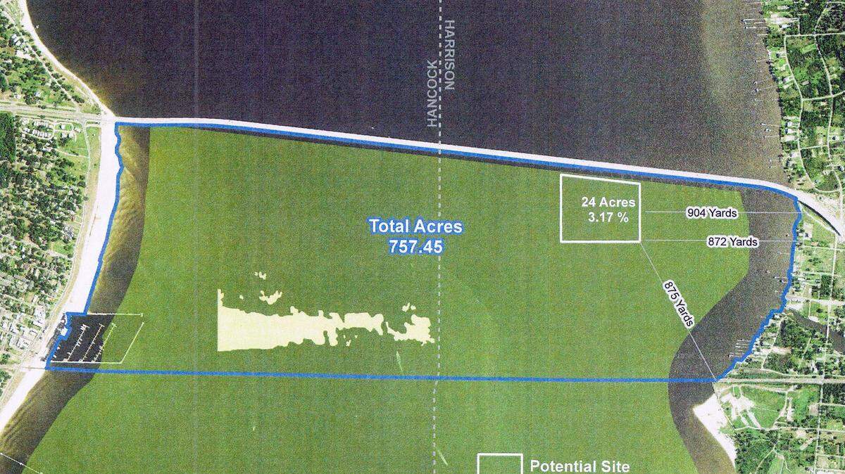 MISSISSIPPI DEPARTMENT OF MARINE RESOURCES 
 The 24-acre rectangle outlined in white showed the proposed site for oyster farming next to the Bay St. Louis Bridge.