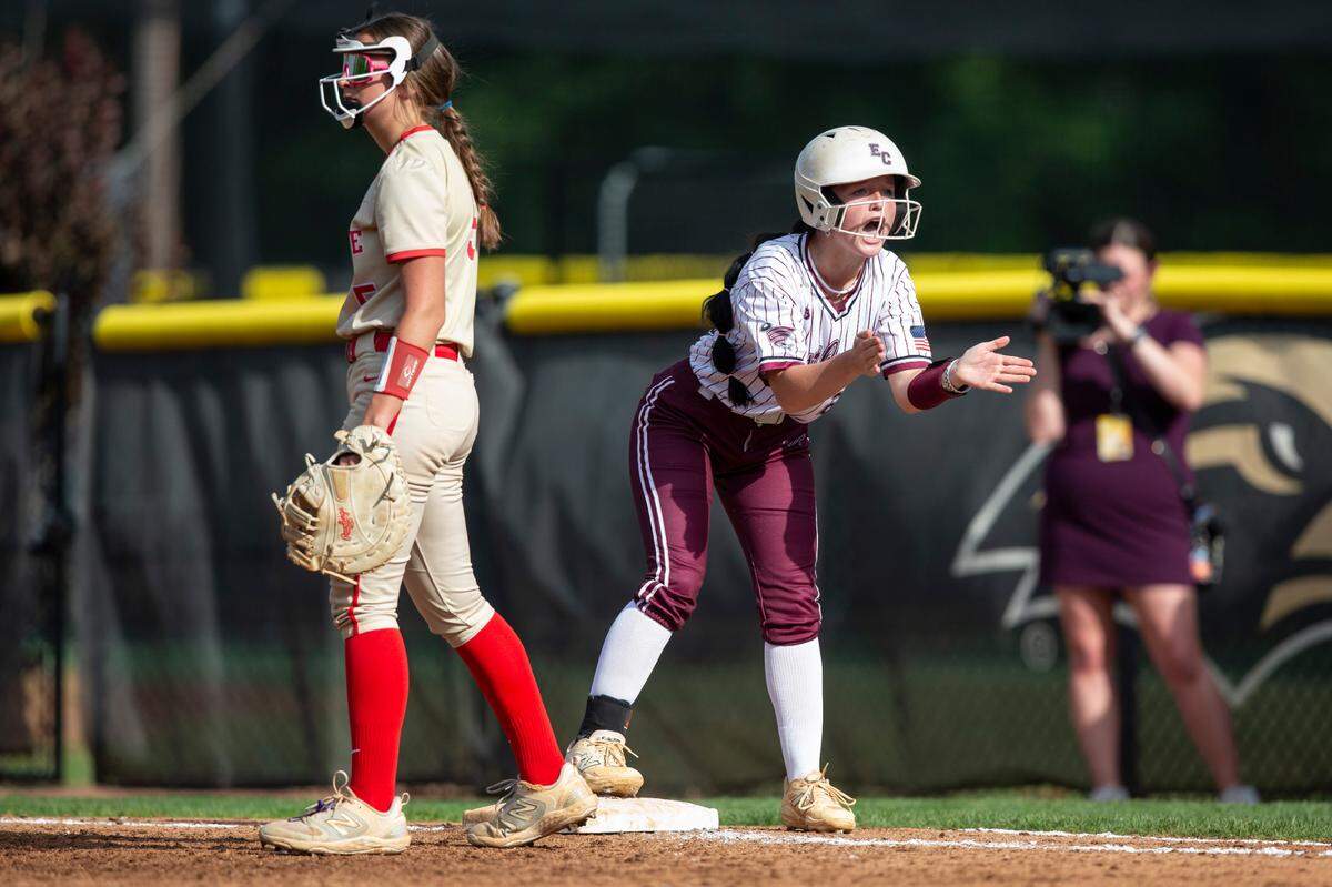 East Central’s Valerie Merrill reacts during the MHSAA 5A Softball Championship at USM Softball Complex in Hattiesburg on Wednesday, May 14, 2025.